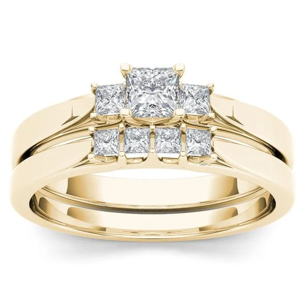 Ladies white gold engagement rings-De Couer 14k Yellow Gold 1/2ct TDW Diamond Three-Stone Engagement Ring Set with One Band