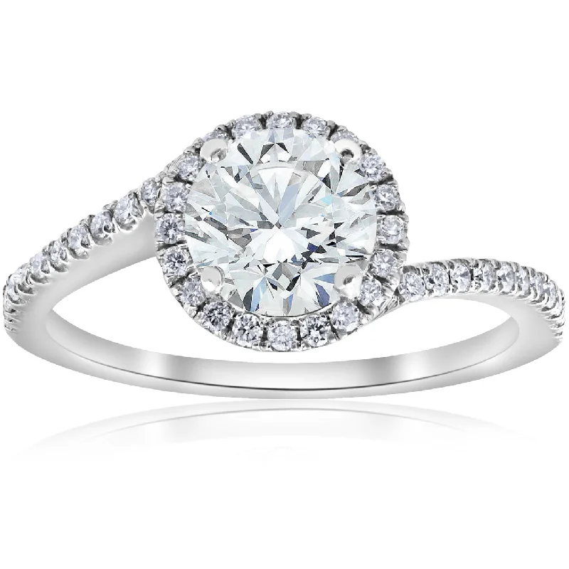 Ladies 3-stone engagement rings-1 1/3ct Diamond Halo Twist Engagement Ring 1ct Center 14k White Gold