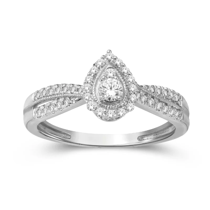 Ladies engagement rings with side diamonds-De Couer 1/3ct TDW Diamond Pear Shape Halo Engagement Ring in 10k Gold - White