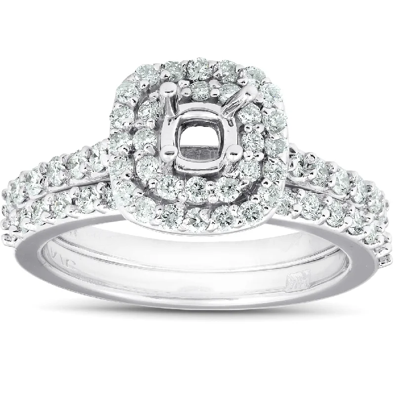 Ladies two-tone engagement rings-3/4Ct Double Cushion Halo Diamond Engagement Ring Setting Mount 14k White Gold