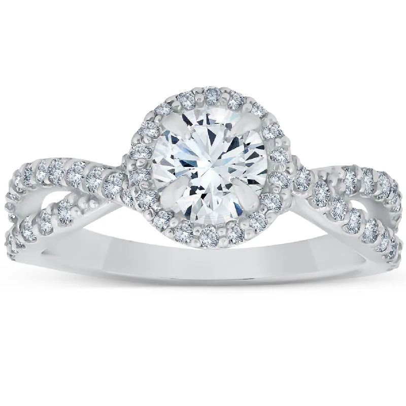 Ladies halo diamond engagement rings-1 Ct Halo Intertwined Diamond Engagement Ring 14k White Gold