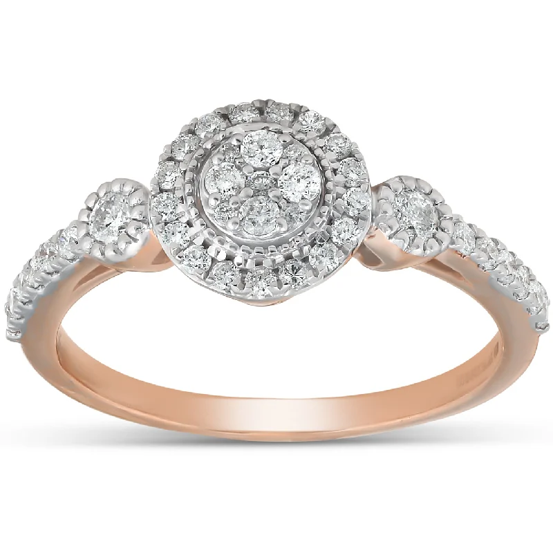 Ladies antique engagement rings-1/2 Ct Diamond Round Halo Vintage Engagement Ring 10k Rose Gold