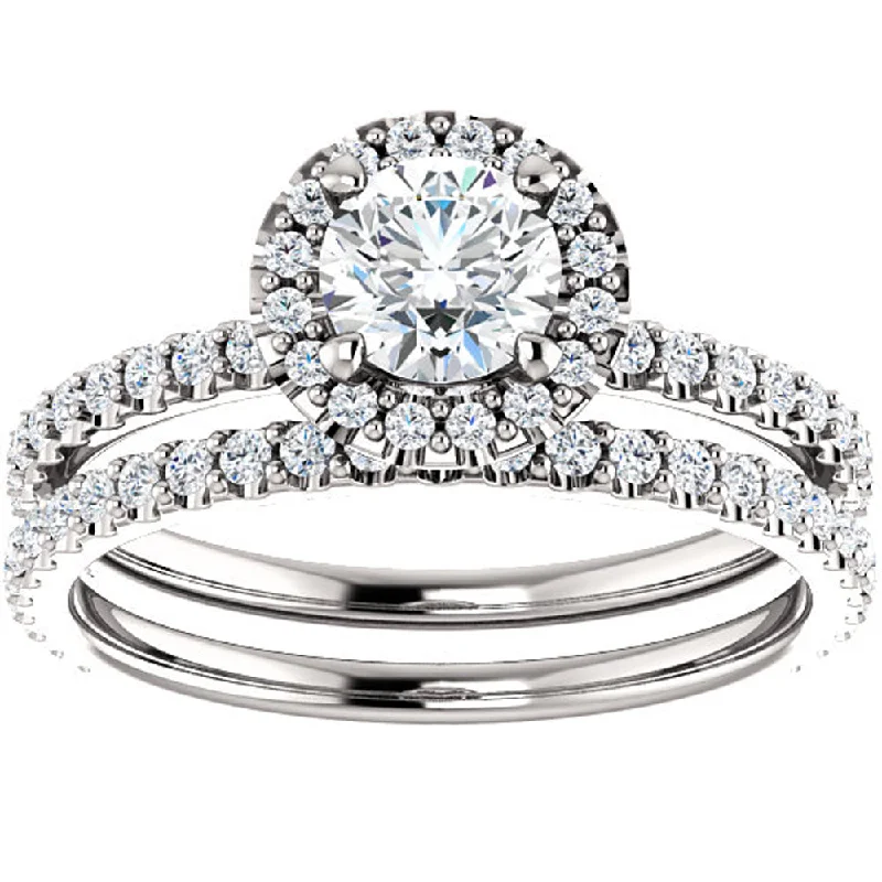 Ladies three-stone engagement rings-1 1/10ct Diamond Halo Engagement Wedding Ring Set 14k White Gold