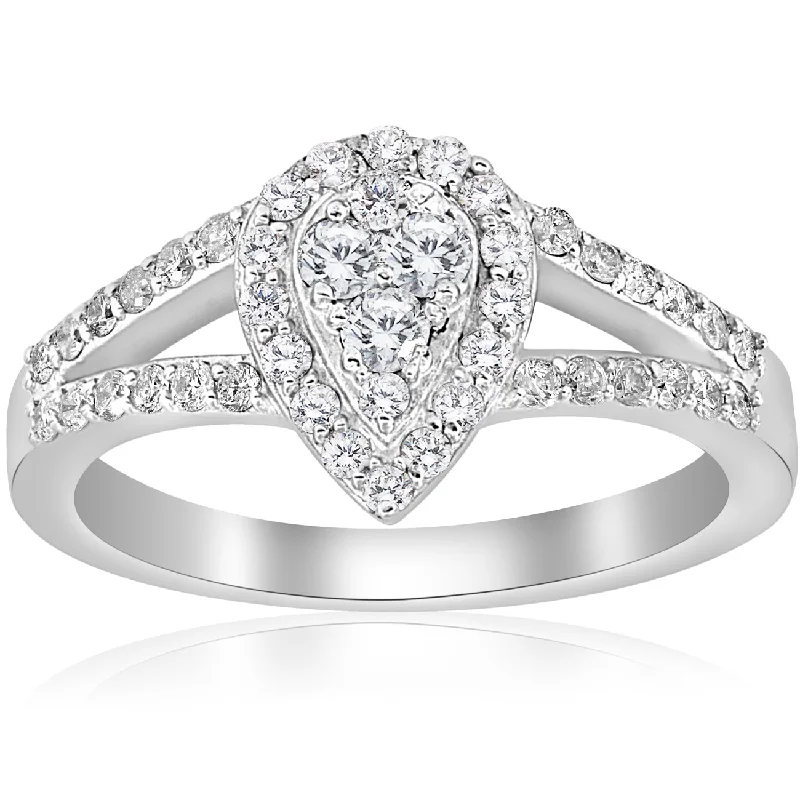 Ladies engagement rings for women-1/2ct Pear Shape Diamond Halo Cluster Engagement Ring 10K White Gold