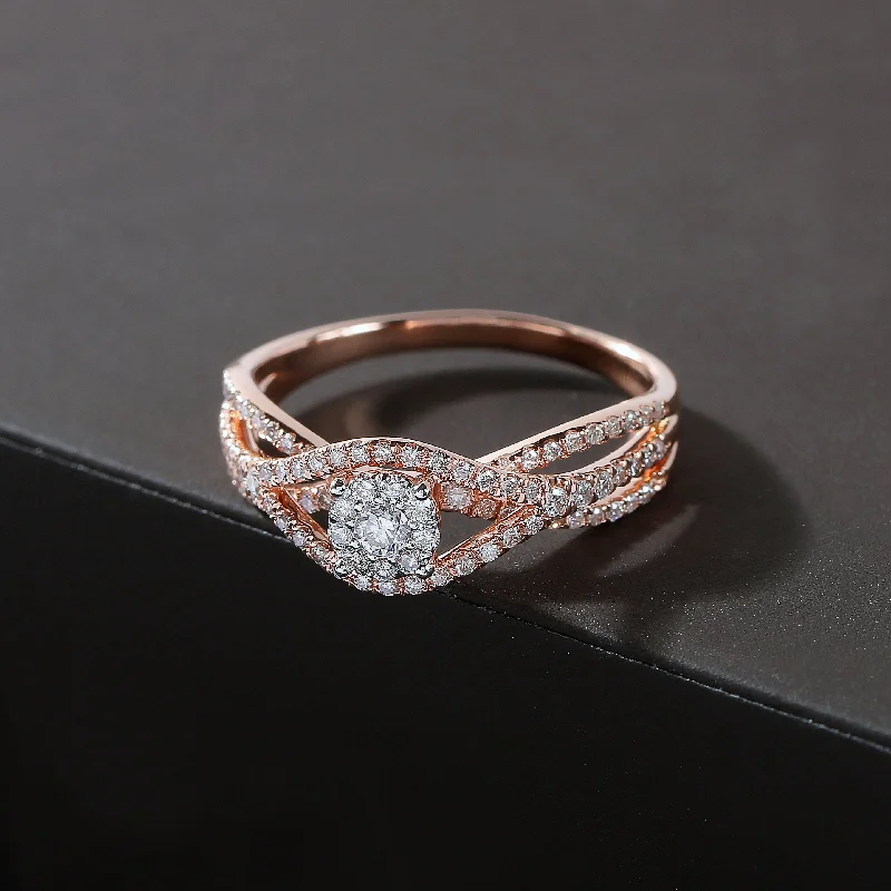 Ladies 3-stone engagement rings-De Couer 10k Rose Gold 1/2ct TDW Diamond Halo Engagement Ring