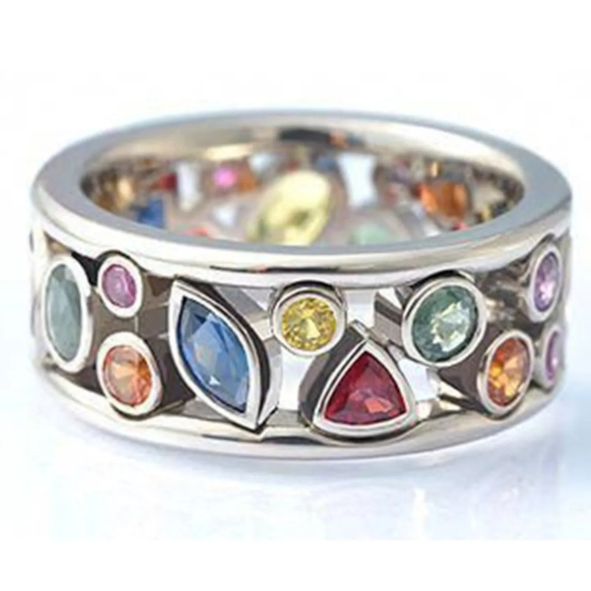 Geometric Pattern Hollow Jeweled Multicolor Ring-Silver