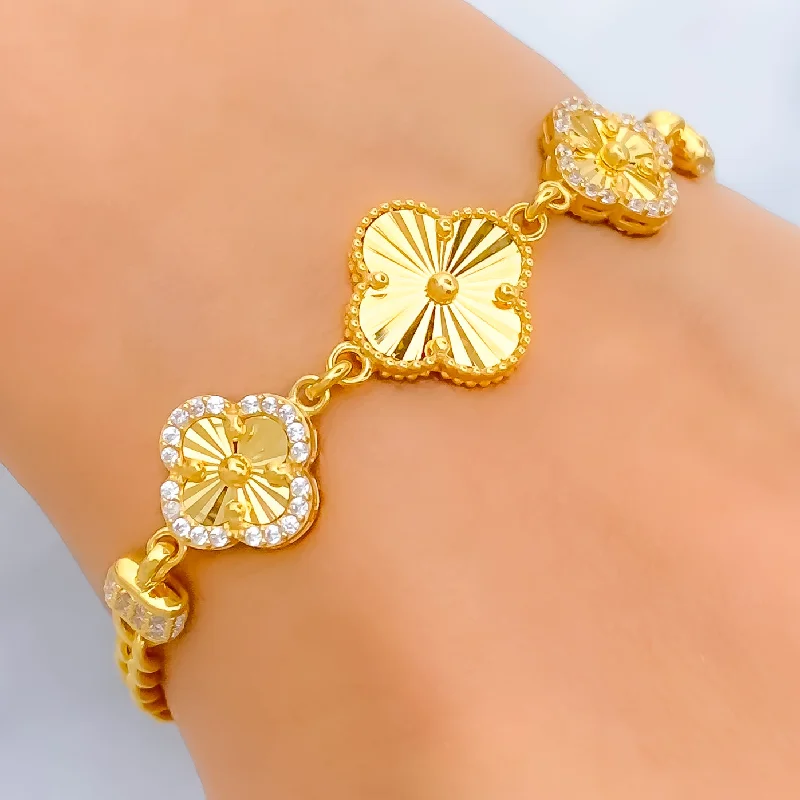 Ladies layered bangles-Dazzling Clover 21k Gold CZ Bracelet