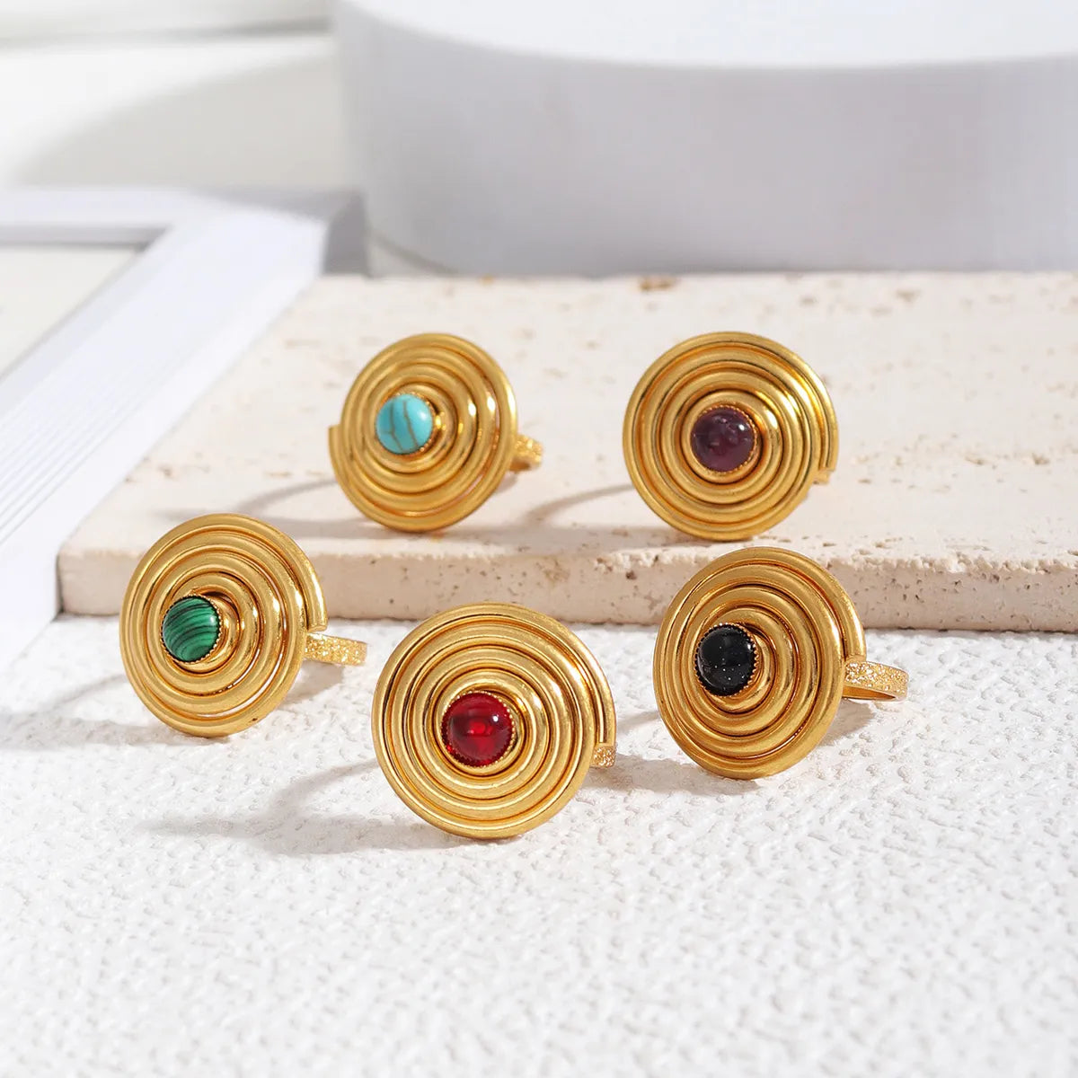 Ladies rings with colorful gemstones-Wholesale Jewelry Glam Lady Spiral Ferroalloy Natural Stone Turquoise Inlay Rings