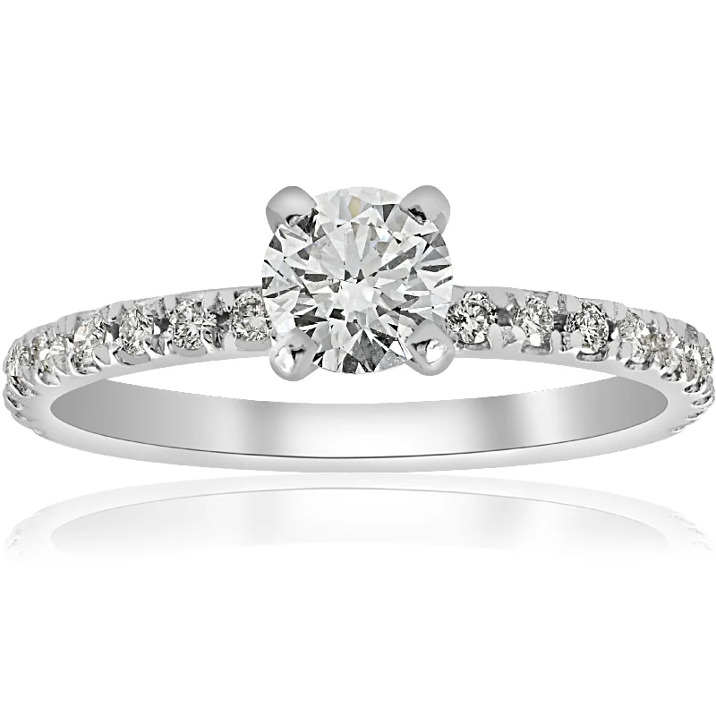 Ladies engagement rings with emerald side stones-3/4ct Diamond Engagement Ring French Pave Set 14k White Gold