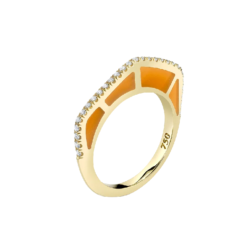 Ladies gemstone engagement rings-Cobra Ring with Orange Enamel and Diamond Pave