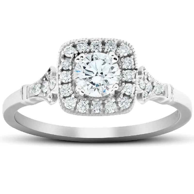 Ladies modern engagement rings-1/2 Ct Cushion Halo Diamond Pave Engagement Ring 14k White Gold