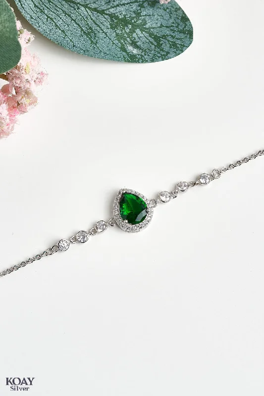 Ladies thick silver bracelets-Zircons Green Stone Bracelet