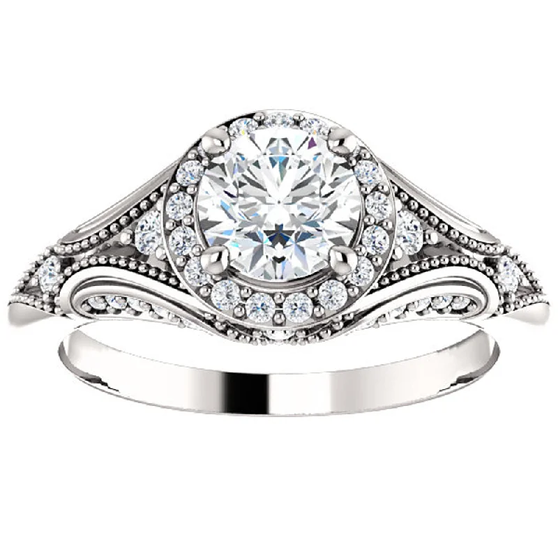 Ladies affordable engagement rings-1ct Vintage Diamond Engagement Round Halo Ring 14k White Gold