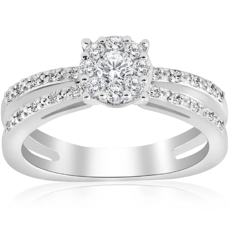 Ladies stackable engagement rings-1/2ct Diamond Halo Split Shank Round Cut Engagement Ring 14k White Gold