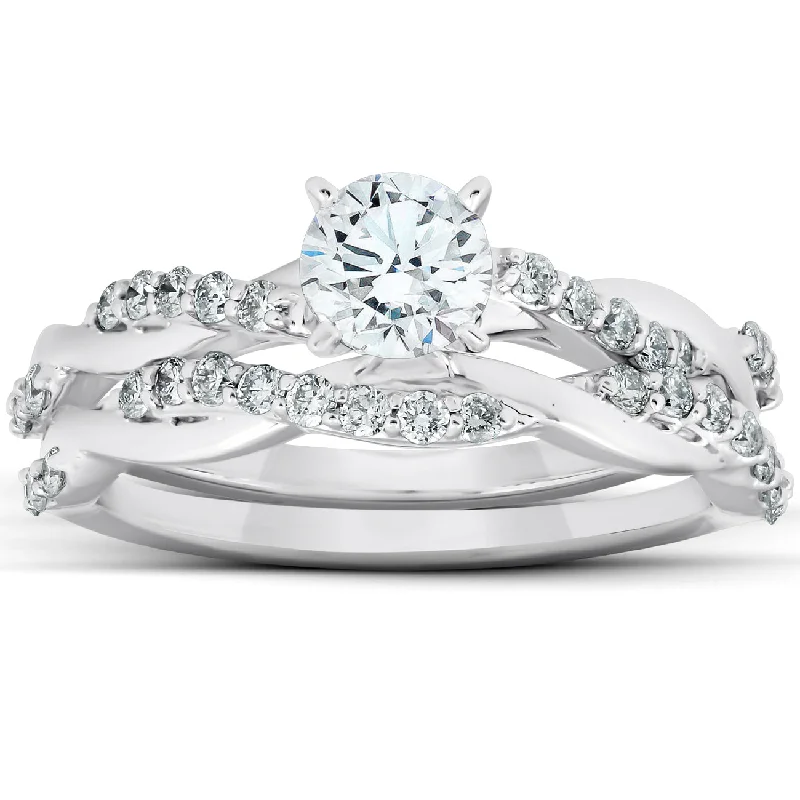 Ladies unique engagement rings-3/4Ct Diamond Infinity Engagement Ring Set 14k White Gold Maching Woven Band