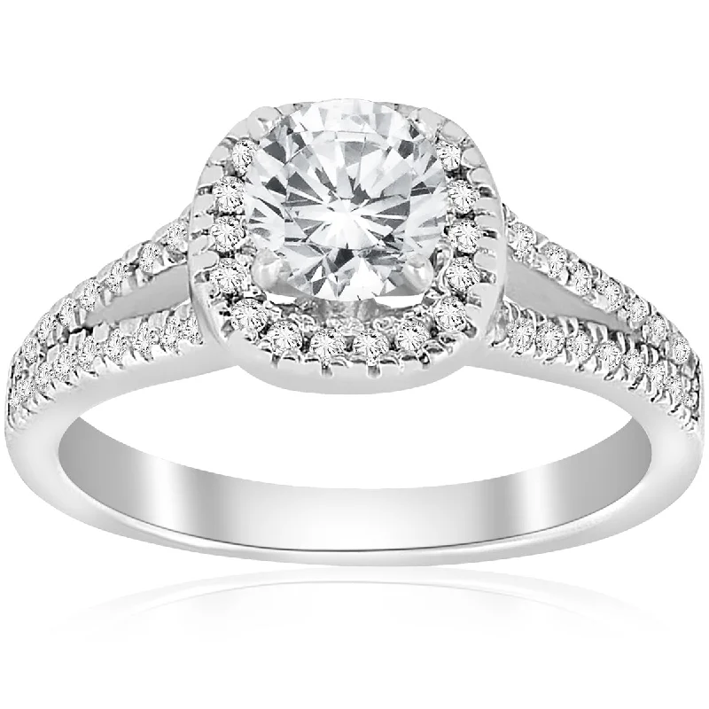 Ladies cushion cut halo engagement rings-3/4ct Cushion Halo Diamond Engagement Ring Split Shank 14k White Gold