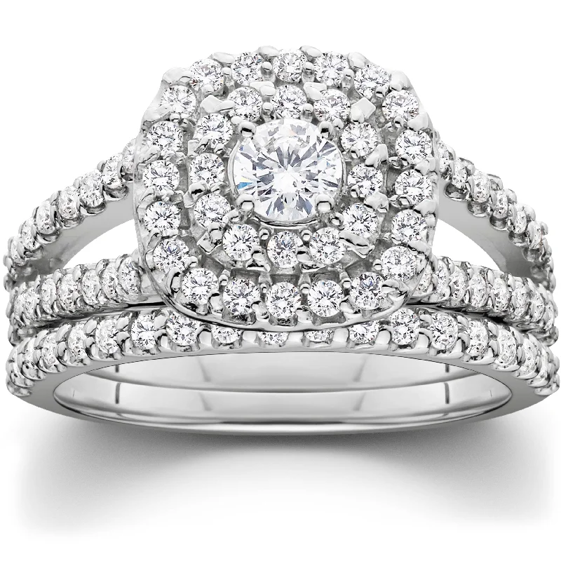 Ladies simple engagement rings-1 1/10ct Cushion Halo Diamond Engagement Wedding Ring Set 10K White Gold