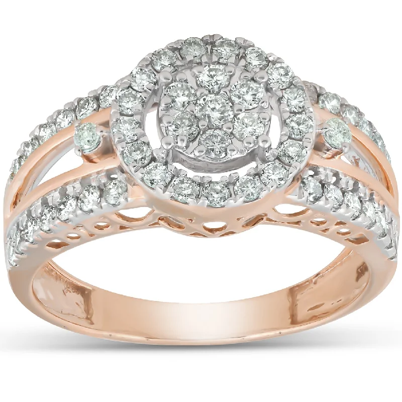 Ladies engagement rings with vintage designs-3/4 Ct Halo Round Diamond Multi Band Engagement Ring 10k Rose Gold