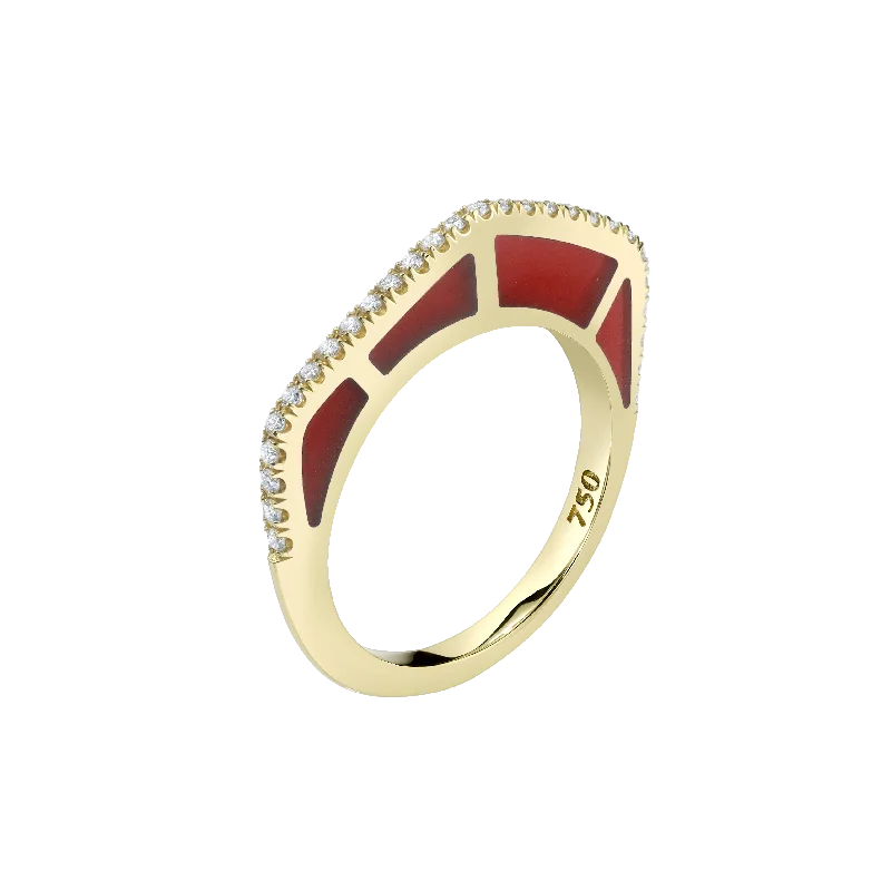 Ladies engraved rings-Cobra Ring with Red Enamel and Diamond Pave