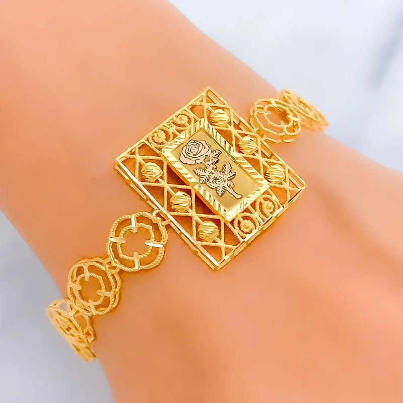 Ladies mixed-metal bracelets-Edgy Geometric Floral Link 21k Gold Bracelet