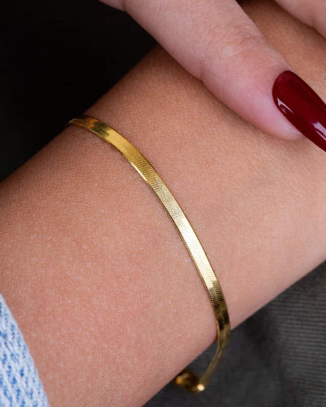 Ladies wedding bangles-Herringbone Flat Snake Chain Gold Plated Bracelet