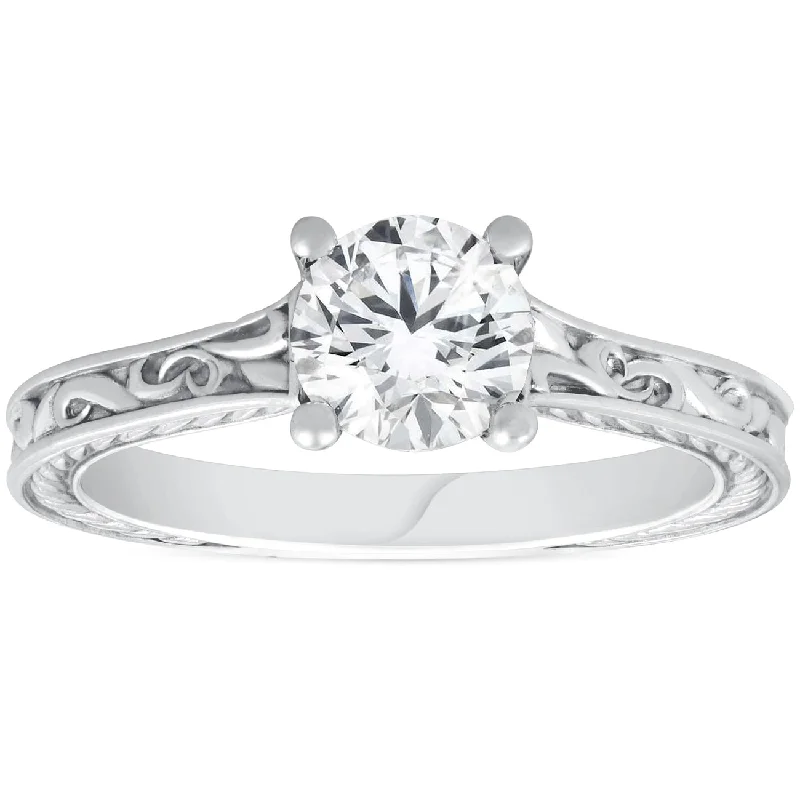 Ladies engagement rings with mixed metals-1ct Solitaire Round Cut Vintage Diamond Engagement Ring 14k White Gold