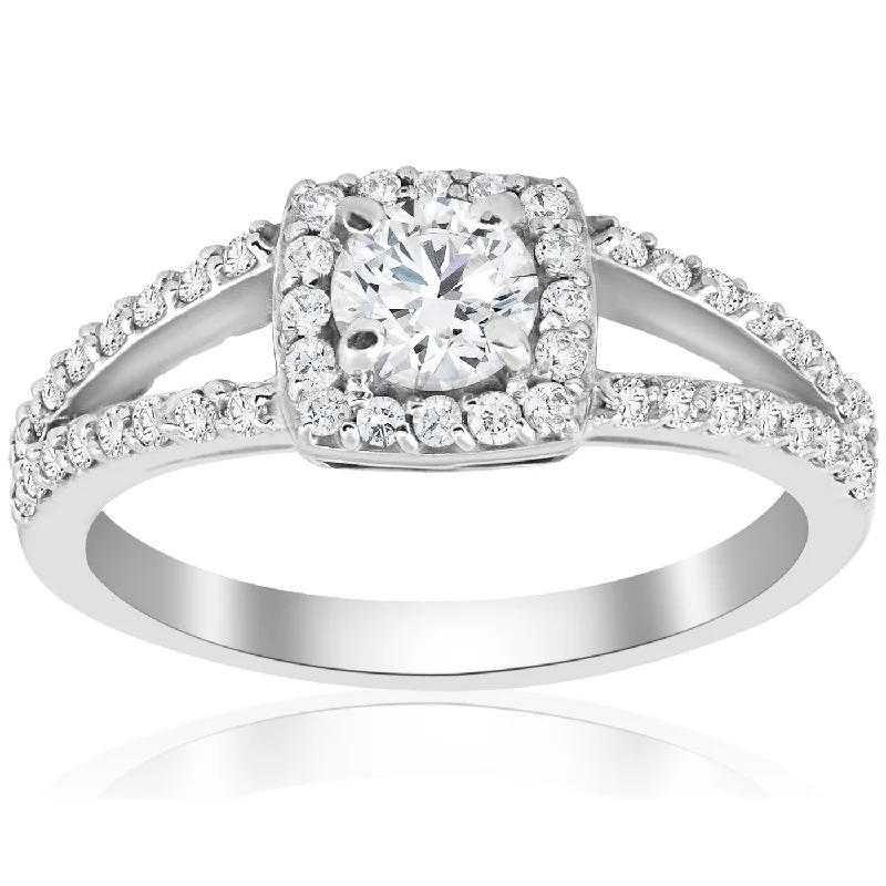 Ladies engagement rings with colored diamonds-7/8ct Cushion Halo Split Shank Diamond Engagement Ring 14k White Gold Solitaire