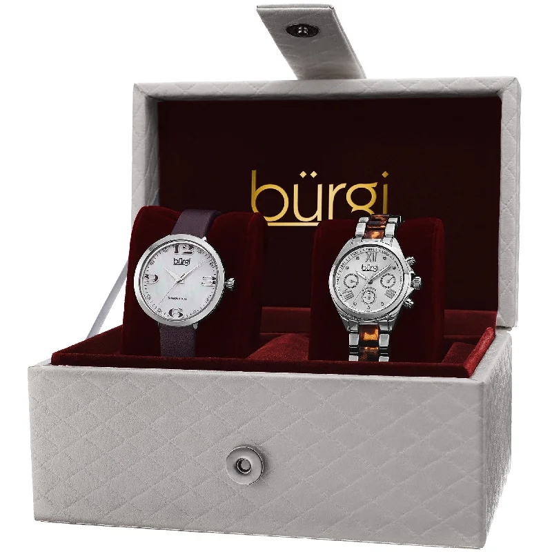 Ladies custom bracelets-Burgi Classic Women's Quartz Multifunction Diamond Silver-Tone Strap/ Bracelet Watch Set - silver