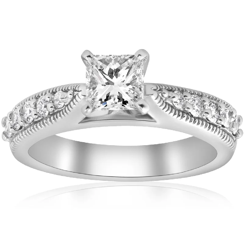 Ladies split band engagement rings-1 3/8ct Vintage Princess Cut Diamond Engagement Ring Art Deco 14k White Gold