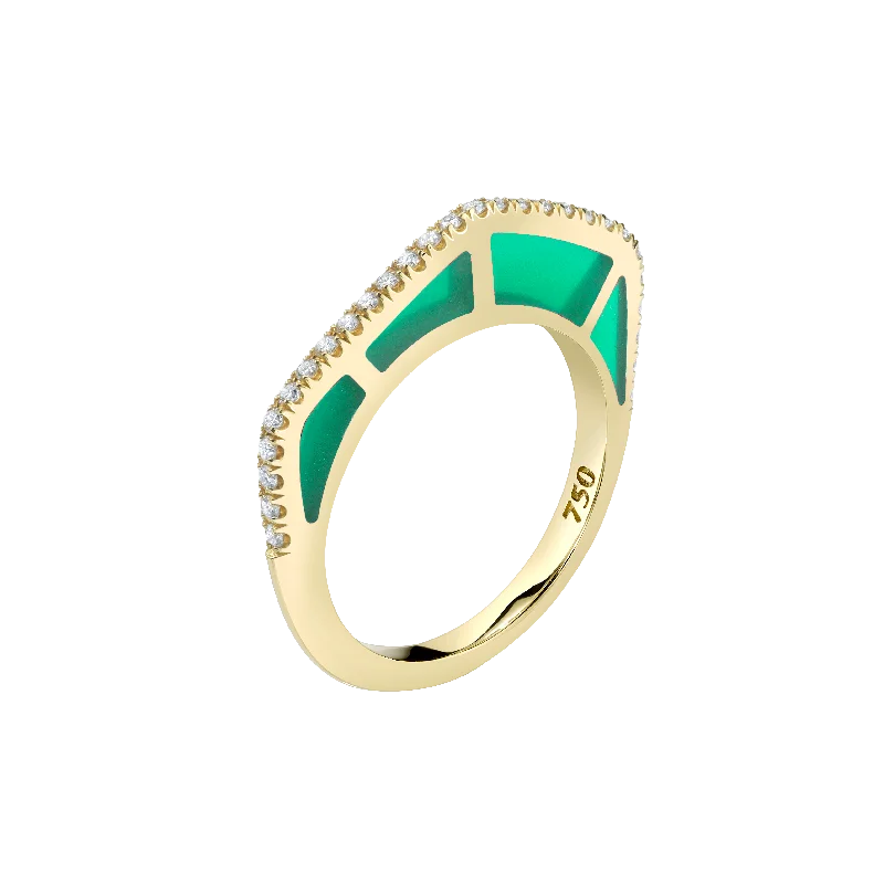 Ladies sapphire engagement rings-Cobra Ring with Green Enamel and Diamond Pave