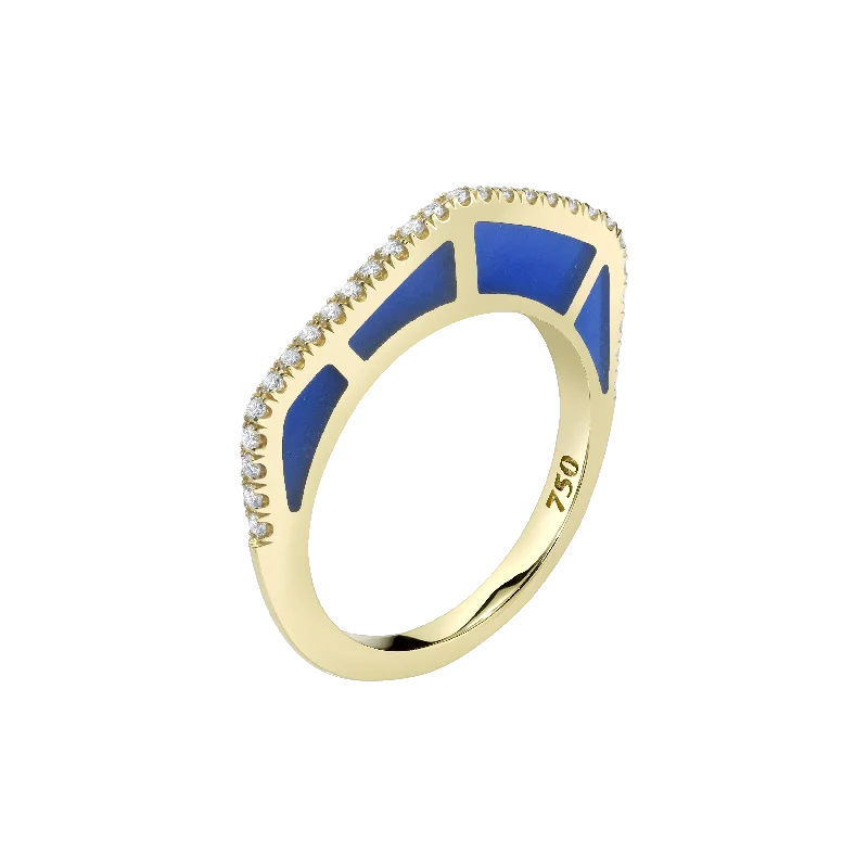 Ladies three-stone rings-Cobra Ring with Blue Enamel and Diamond Pave