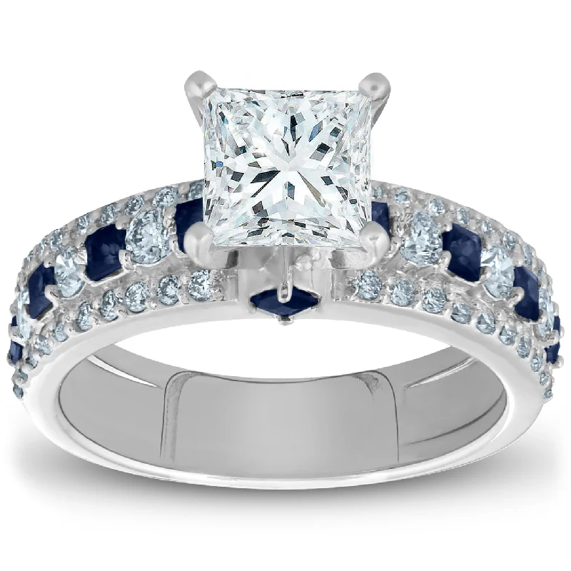 Ladies split band engagement rings-2 1/2ct Princess Cut & Blue Sapphire Diamond Engagement Ring 14k White Gold