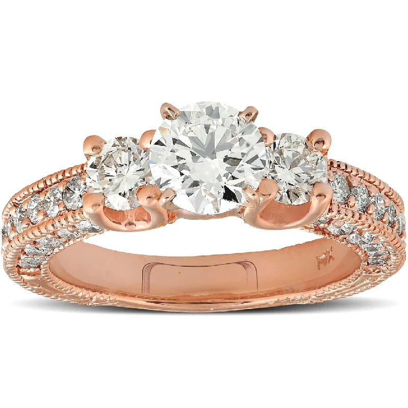 Ladies engagement rings with diamond bands-2ct Three Stone Vintage Diamond Engagement Ring 14k Rose Gold Enhanced