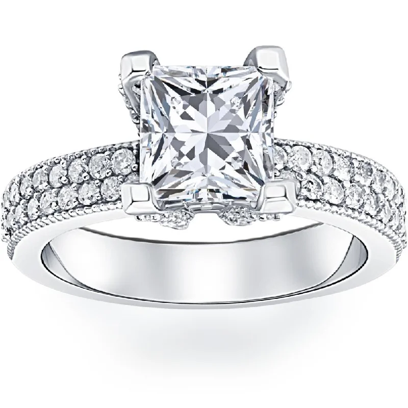 Ladies luxury engagement rings-2 7/8ct Princess Cut Pave Diamond Engagement Ring 14K White Gold