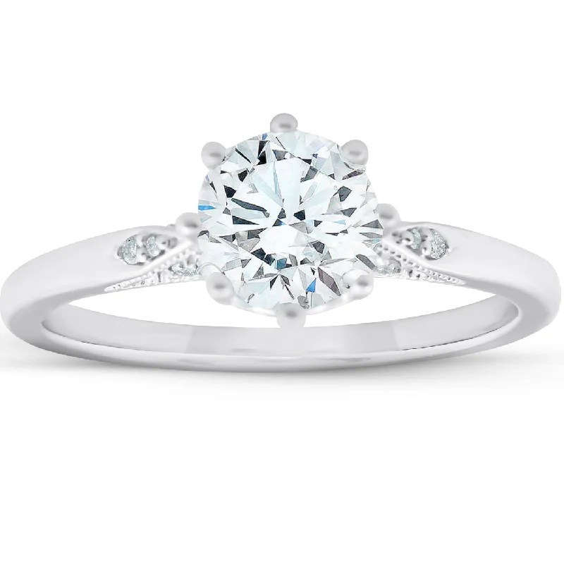 Ladies moissanite engagement rings-1.05 Ct Diamond Engagement Ring Vintage Accent 14k White Gold 8 Prong