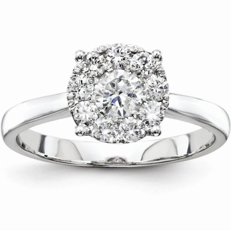 Ladies princess cut diamond engagement rings-1/2 cttw Halo Cluster Diamond Engagement Illusion Ring 14k White Gold