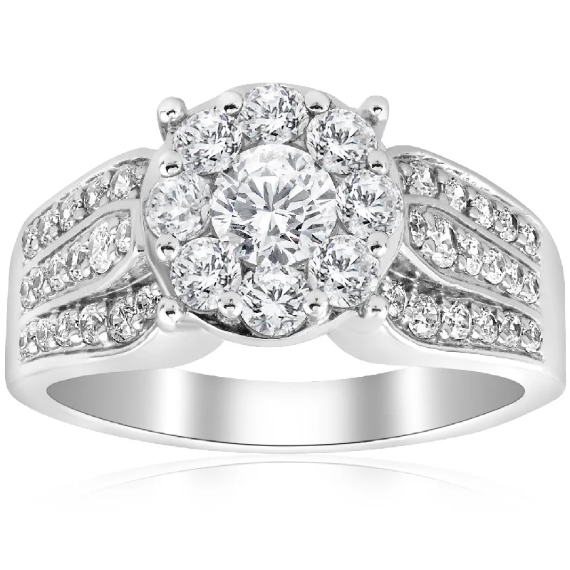 Ladies engagement rings-1 1/2ct Diamond Halo Engagement Ring Wide 3-Row Band 10K White Gold