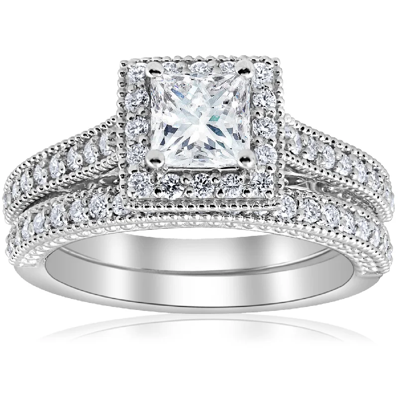 Ladies affordable diamond engagement rings-1 1/2ct Princess Cut Halo Vintage Diamond Engagement Ring 14k White Gold