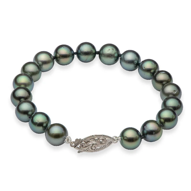 Ladies personalized bracelets-8" Tahitian Black Pearl Bracelet in White Gold - 9-10mm