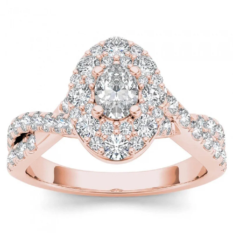 Ladies engagement rings with a floral design-De Couer 14k Rose Gold 1 1/4ct TDW Oval Shape Diamond Halo Engagement Ring - Pink