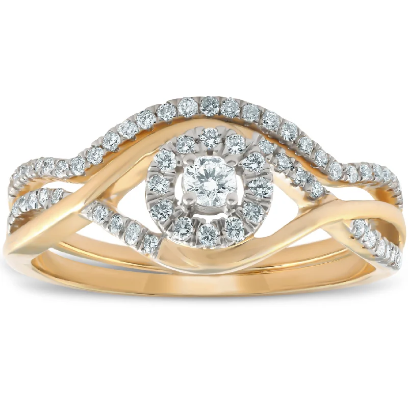 Ladies romantic engagement rings-1/2CT Diamond Engagement Wedding Ring Set Halo 10k Yellow Gold Lab Created