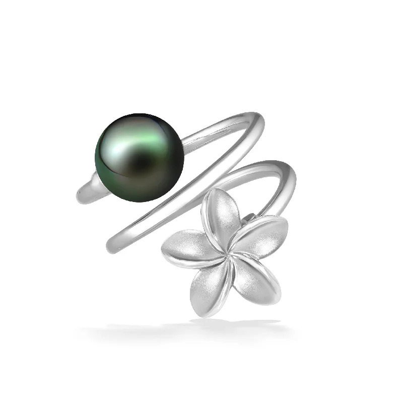 Ladies two-tone rings-Tahitian Pearl Plumeria Wrap Ring