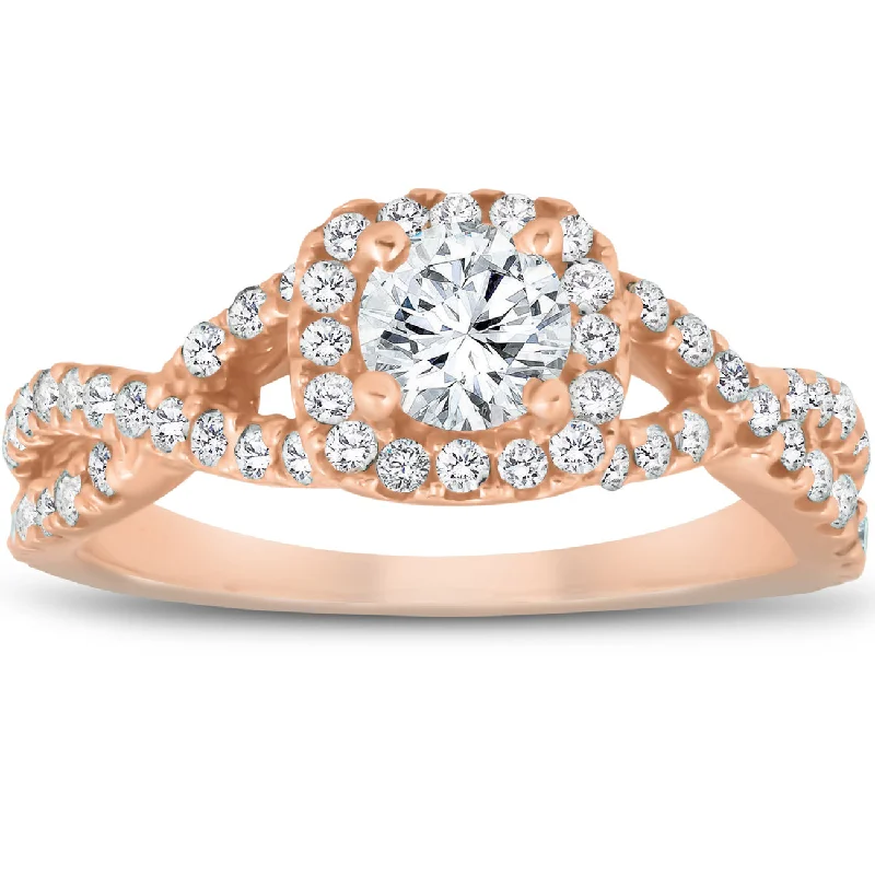 Ladies engagement rings with baguette diamonds-1 Ct Diamond Cushion Halo Engagement Ring 14k Rose Gold