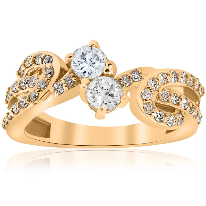 Ladies engagement rings with diamond bands-1 cttw Diamond Two Stone Forever Us Engagement Ring 14k Yellow Gold