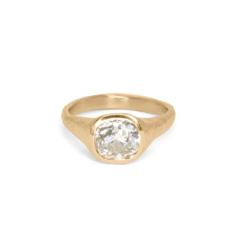 Ladies classic round engagement rings-18K Carved Engagement Signet Ring with 1.73ct Old Mine Cut Diamond