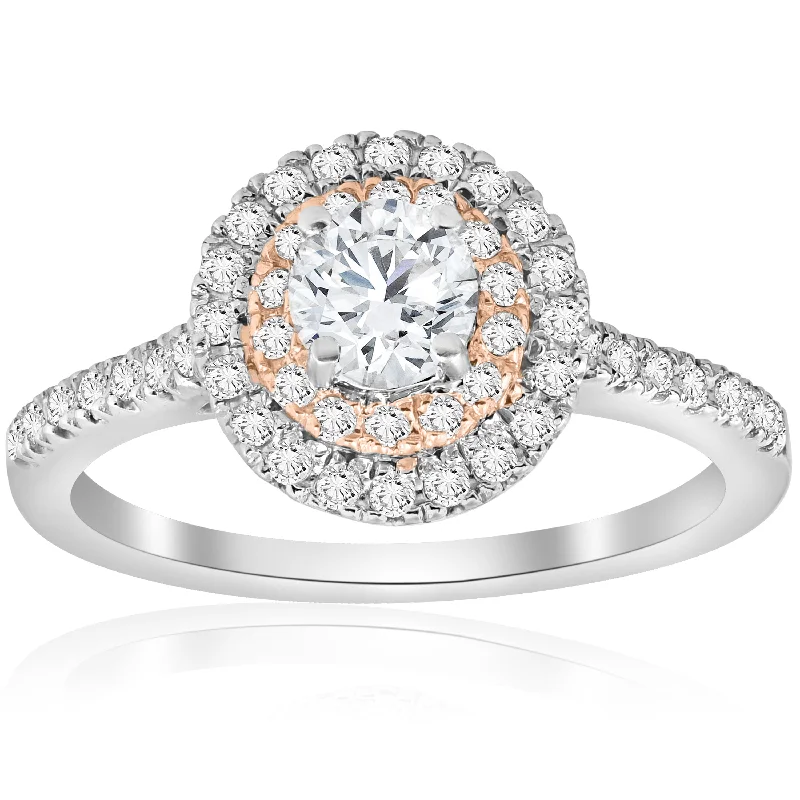 Ladies classic round engagement rings-7/8 cttw Diamond Double Halo White & Rose Gold Engagement Ring 14k