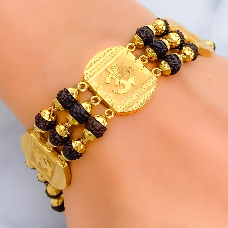 Ladies adjustable gold bracelets-Unique Bold 22k Gold OM Rudraksh Bracelet