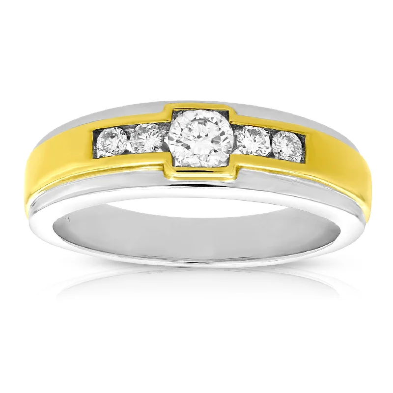 Ladies round brilliant cut engagement rings-1/2 cttw Men's 5 Stone Diamond Engagement Ring 14K Two Tone Gold Round