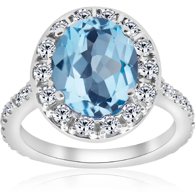 Ladies classic engagement rings-4 cttw Blue Topaz Diamond Halo Vintage Ring Engagement 14k White Gold