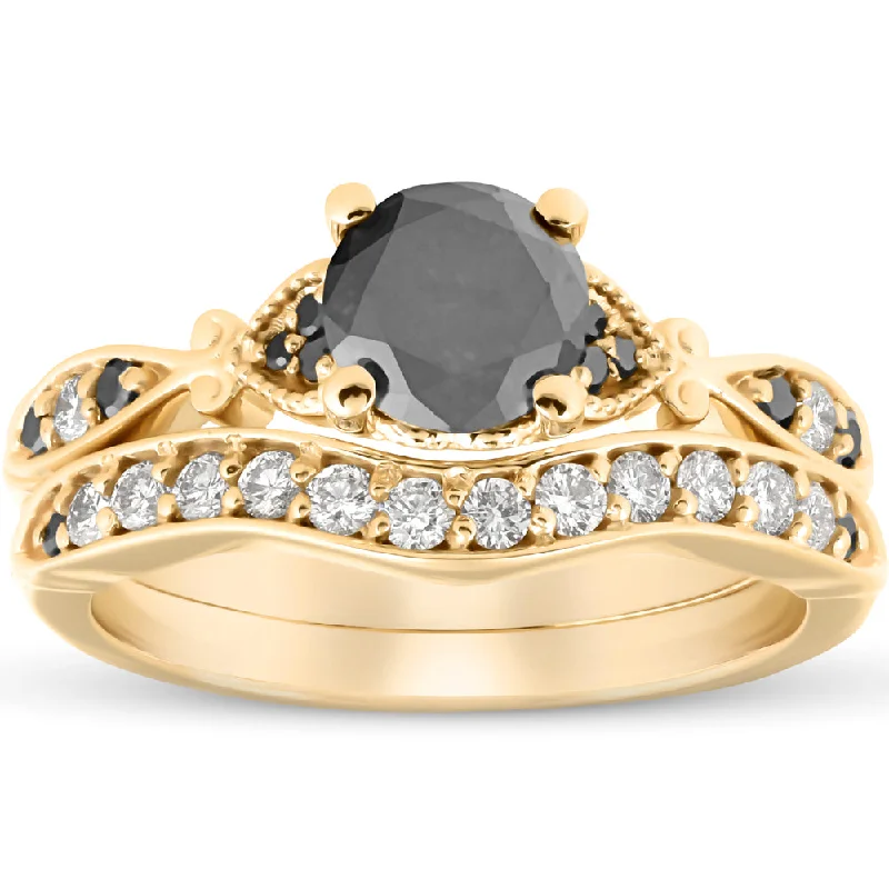 Ladies engagement rings with diamond bands-1 3/4 Ct Black & White Diamond Engagement Wedding Ring Set 10k Yellow Gold